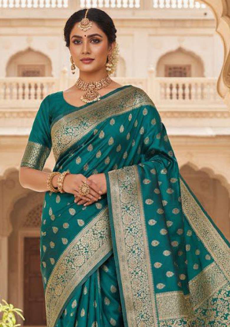 Teal Green Embroidery Lichi Silk Blend Saree With Blouse for Diwali and Festive Wear - Indya