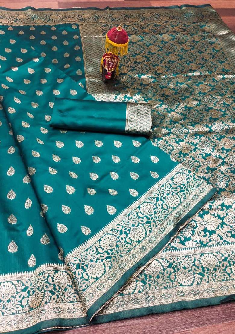 Teal Green Embroidery Lichi Silk Blend Saree With Blouse for Diwali and Festive Wear - Indya