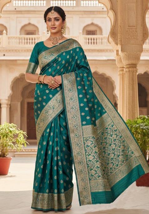 Teal Green Embroidery Lichi Silk Saree With Blouse