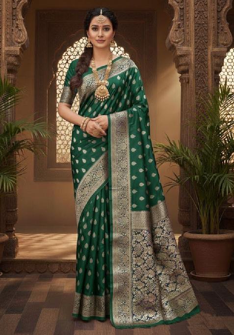 Green Embroidery Lichi Silk Saree With Blouse