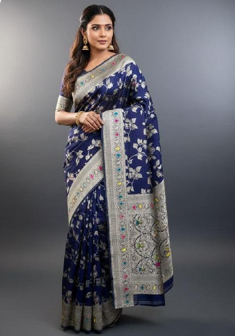 Blue Embroidery Lichi Silk Saree With Blouse