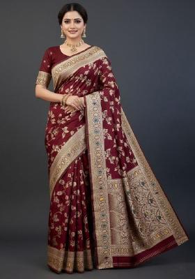 Maroon Embroidery Lichi Silk Saree With Blouse