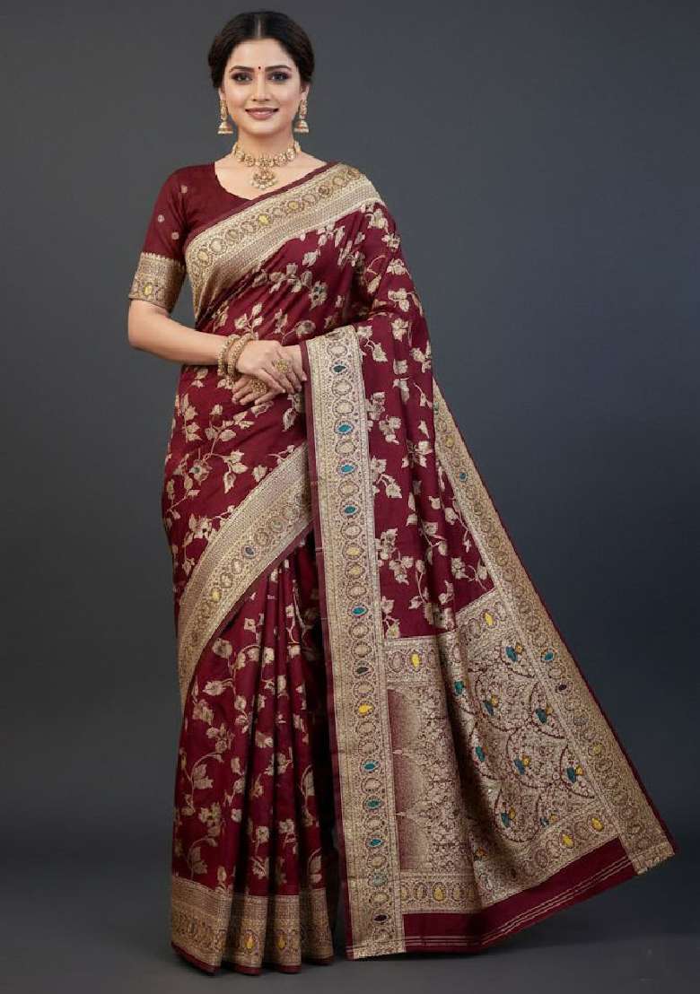 Maroon Lichi With Blouse Silk Blend Saree with Embroidery for Diwali | Wedding & Festive Wear - Indya