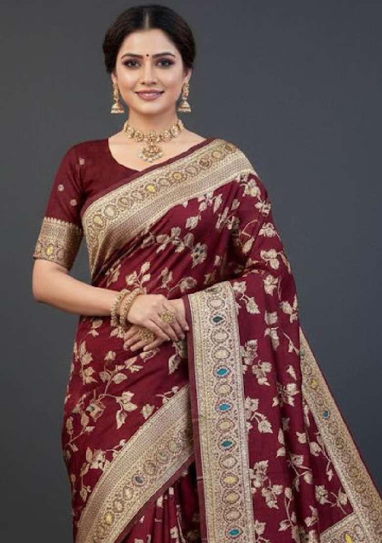 Maroon Lichi With Blouse Silk Blend Saree with Embroidery for Diwali | Wedding & Festive Wear - Indya