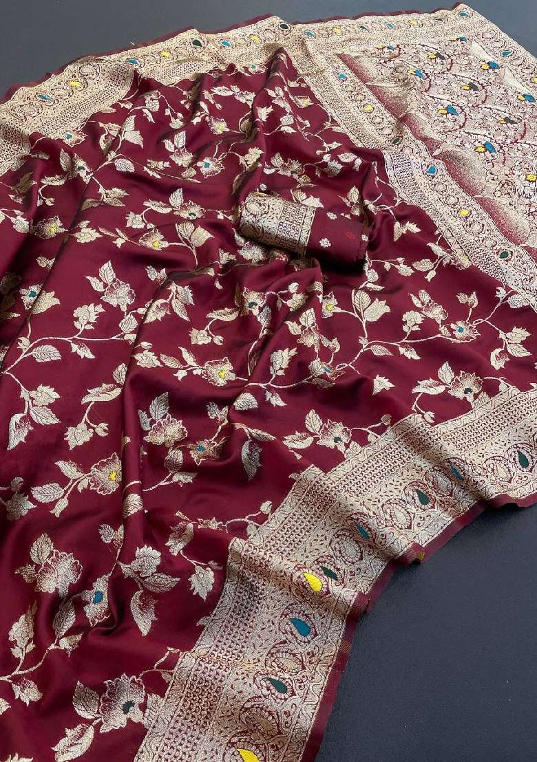 Maroon Lichi With Blouse Silk Blend Saree with Embroidery for Diwali | Wedding & Festive Wear - Indya
