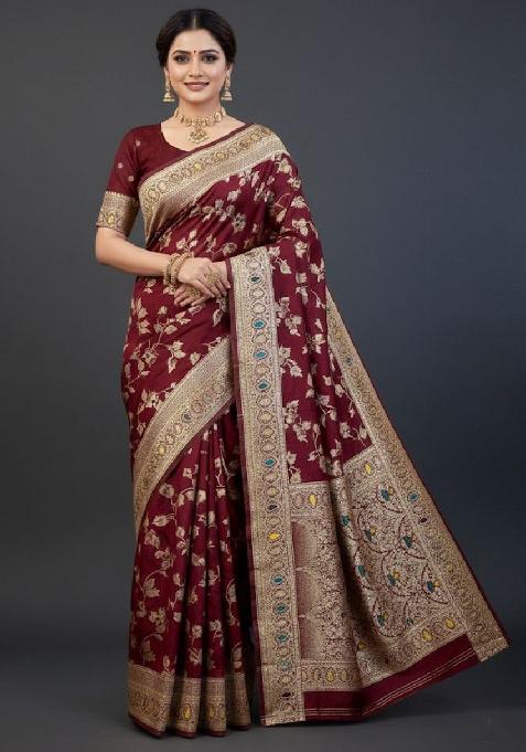 Maroon Embroidery Lichi Silk Saree With Blouse