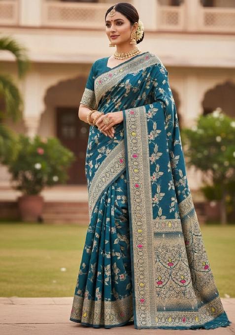 Teal Embroidery Lichi Silk Saree With Blouse