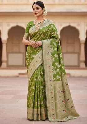 Olive Green Embroidery Lichi Silk Saree With Blouse