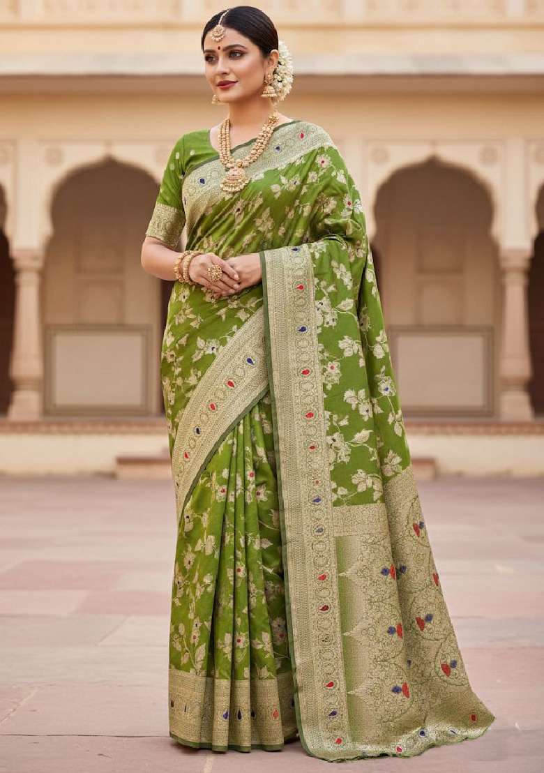 Olive Green Embroidery Lichi Silk Blend Saree With Blouse for Diwali and Festive Wear - Indya