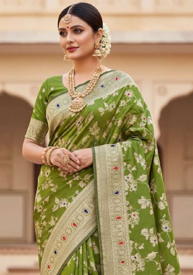 Olive Green Embroidery Lichi Silk Blend Saree With Blouse for Diwali and Festive Wear - Indya