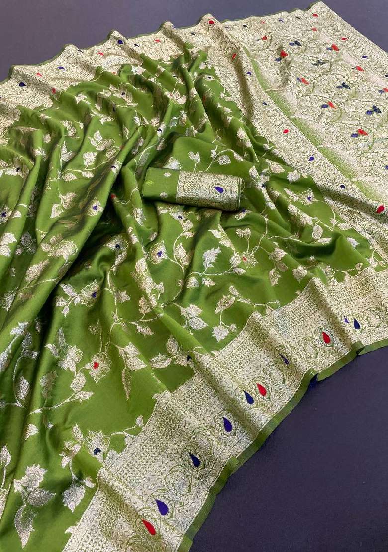 Olive Green Embroidery Lichi Silk Blend Saree With Blouse for Diwali and Festive Wear - Indya