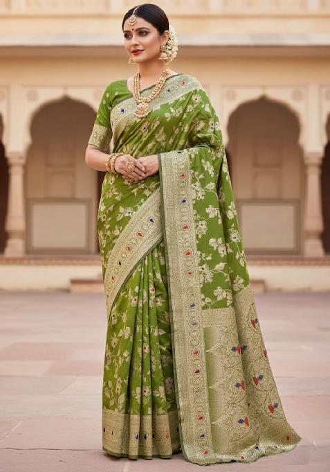 Olive Green Embroidery Lichi Silk Saree With Blouse
