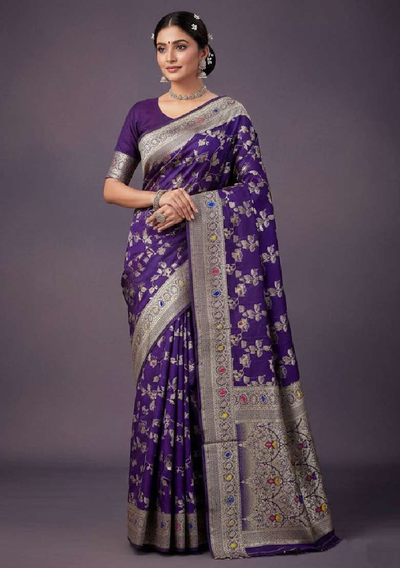 Purple Lichi With Blouse Silk Blend Saree with Embroidery for Diwali | Wedding & Festive Wear - Indya