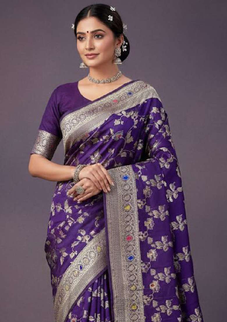 Purple Lichi With Blouse Silk Blend Saree with Embroidery for Diwali | Wedding & Festive Wear - Indya