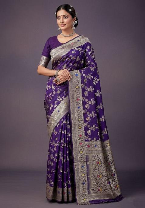 Purple Embroidery Lichi Silk Saree With Blouse