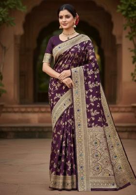 Wine Embroidery Lichi Silk Saree With Blouse