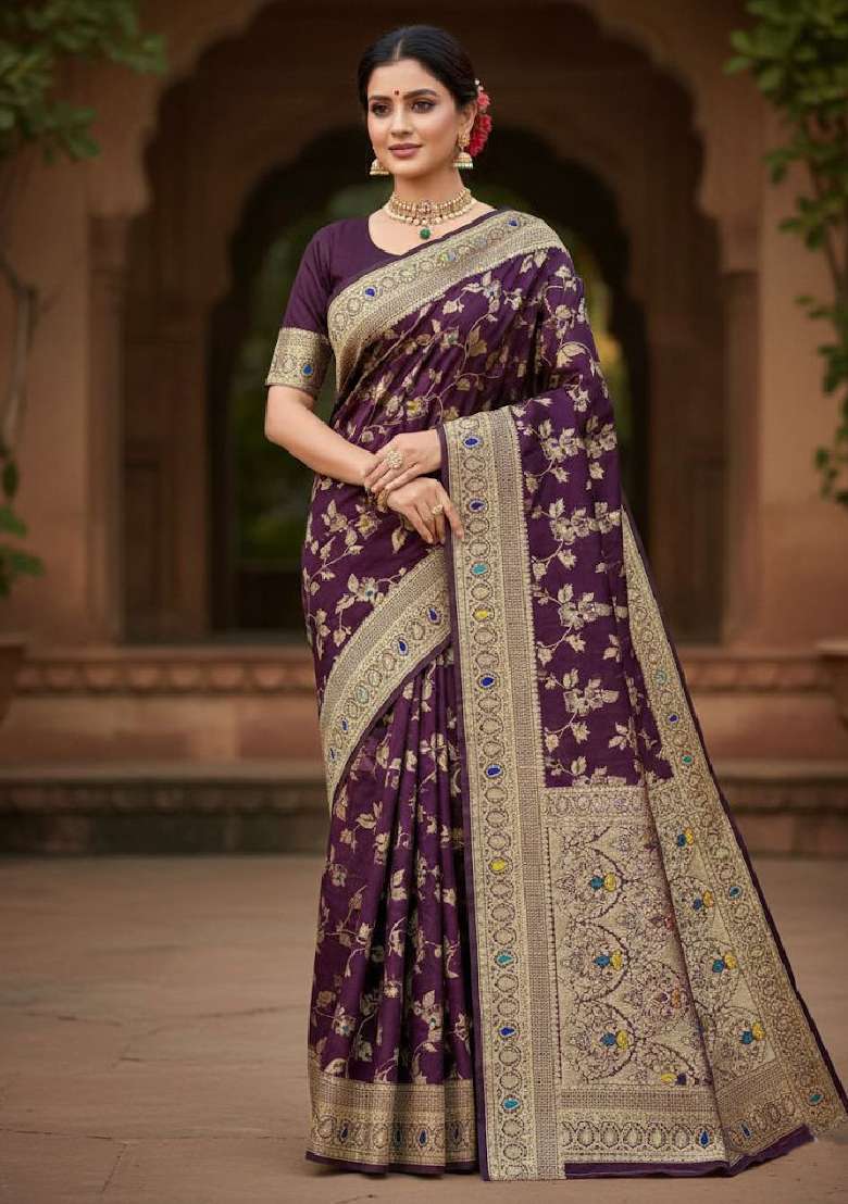 Wine Embroidery Lichi Silk Blend Saree With Blouse for Diwali and Festive Wear - Indya