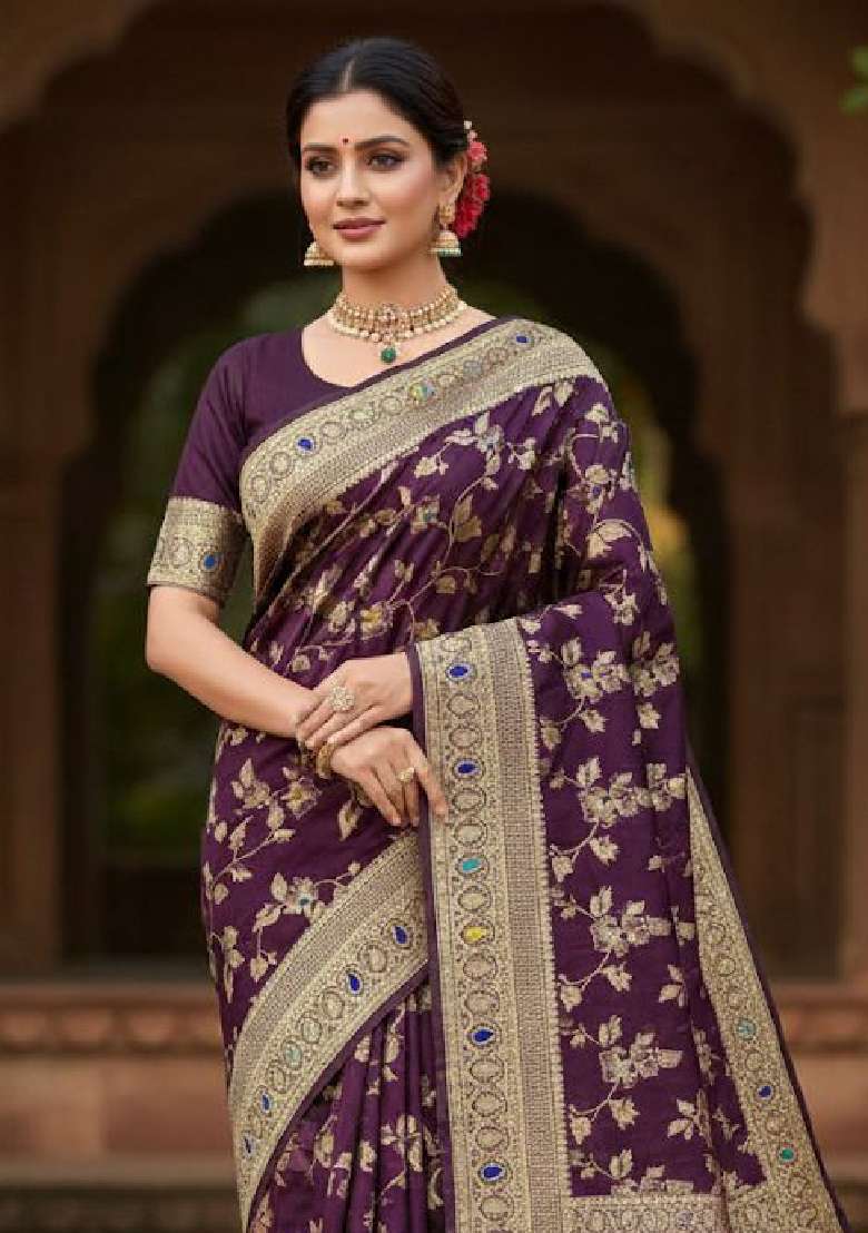 Wine Embroidery Lichi Silk Blend Saree With Blouse for Diwali and Festive Wear - Indya