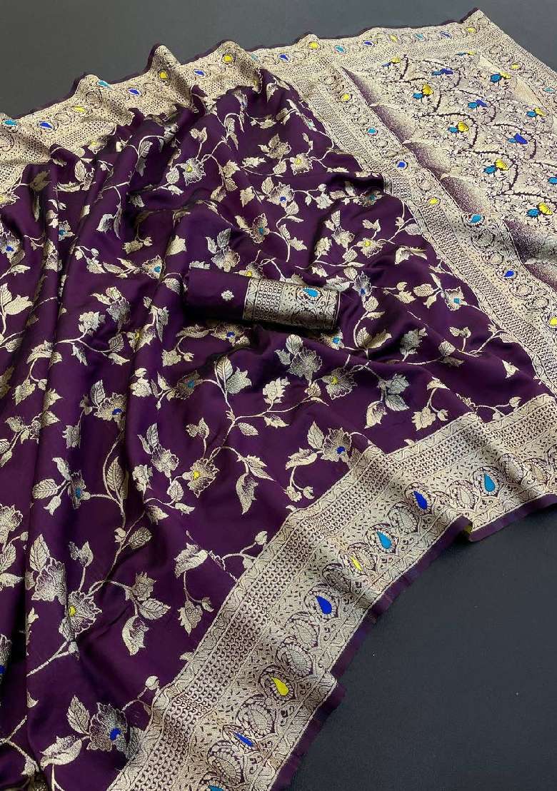 Wine Embroidery Lichi Silk Blend Saree With Blouse for Diwali and Festive Wear - Indya
