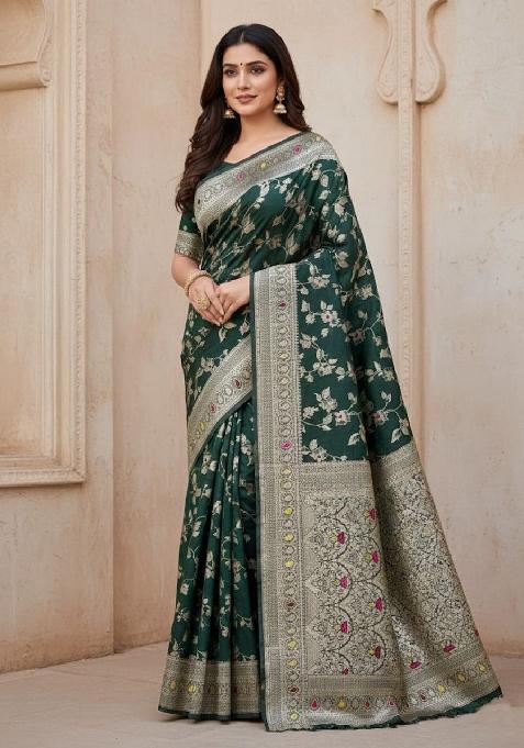 Green Embroidery Lichi Silk Saree With Blouse