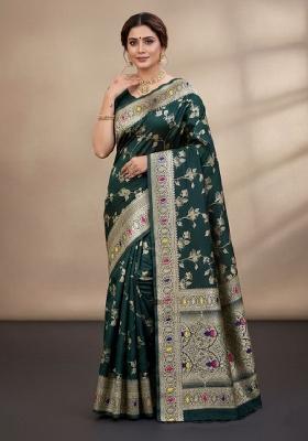 Teal Green Embroidery Lichi Silk Saree With Blouse