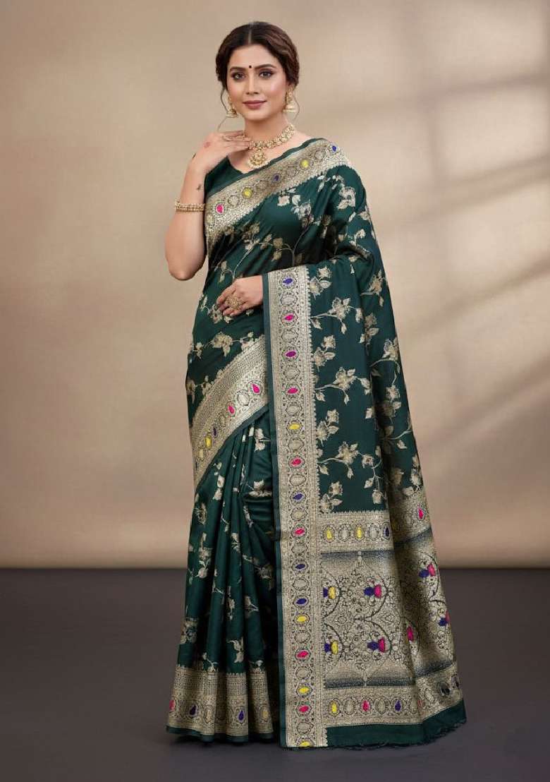 Teal Green Lichi With Blouse Silk Blend Saree with Embroidery for Diwali | Wedding & Festive Wear - Indya
