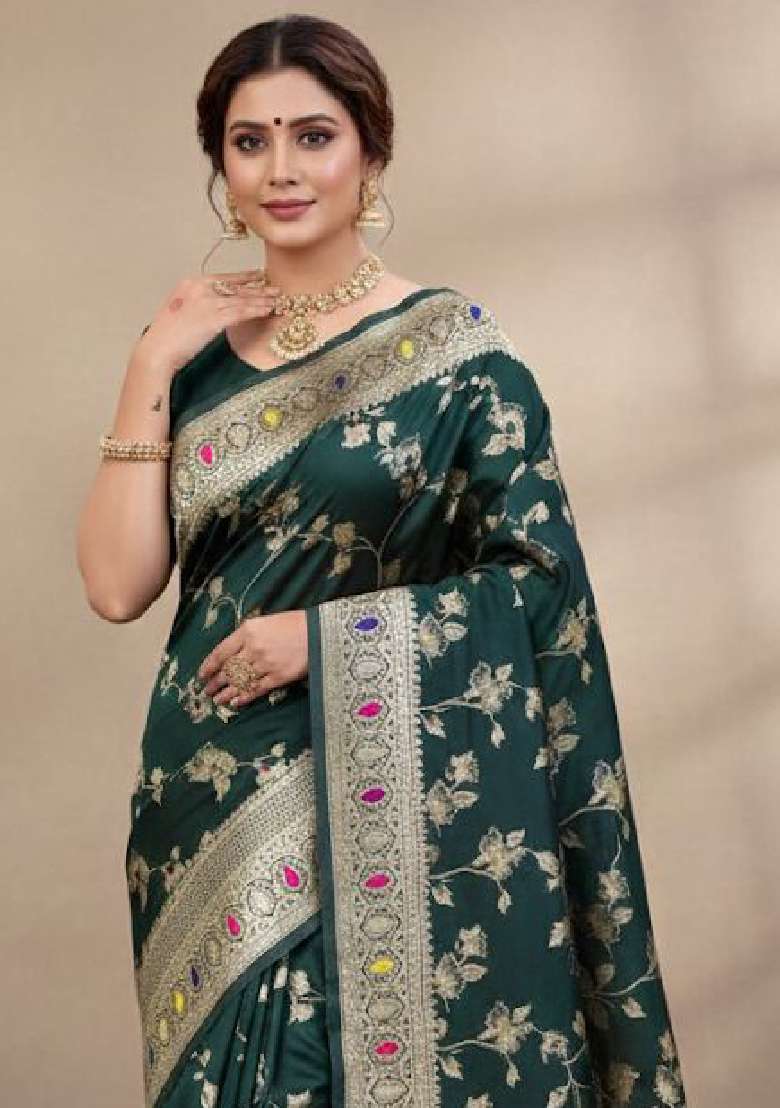 Teal Green Lichi With Blouse Silk Blend Saree with Embroidery for Diwali | Wedding & Festive Wear - Indya