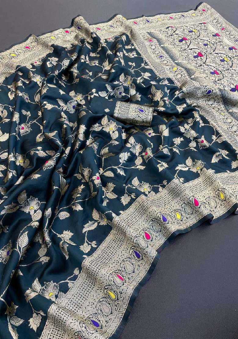 Teal Green Lichi With Blouse Silk Blend Saree with Embroidery for Diwali | Wedding & Festive Wear - Indya