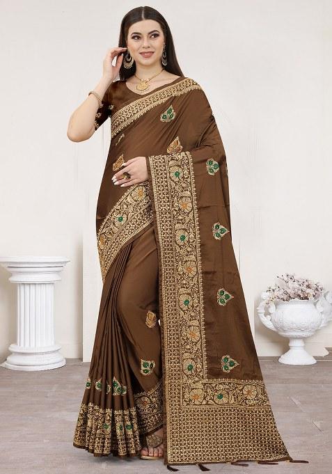 Coffee Embroidery Silk Saree Set