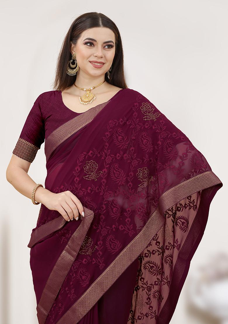 Coffee Embroidery Georgette Saree Set - Indya