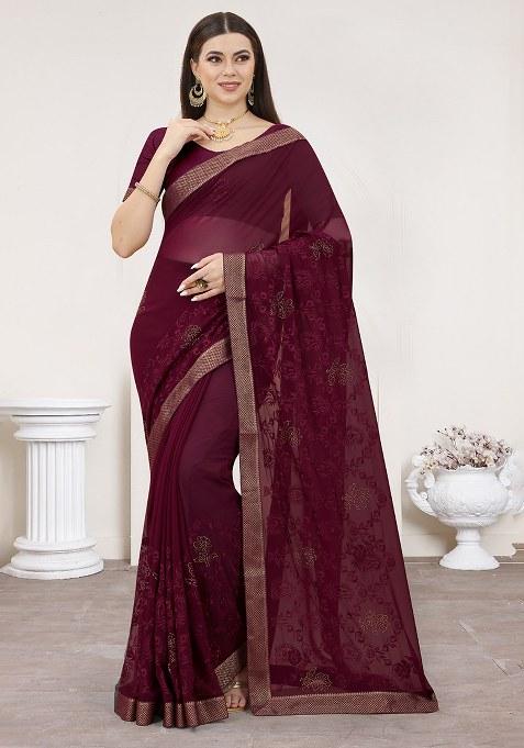 Coffee Embroidery Georgette Saree Set