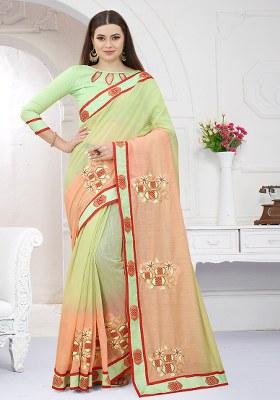 Pista Orange Embroidery Silk Saree Set
