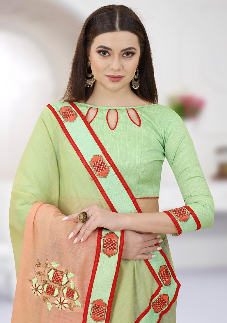 Pista Orange Embroidery Silk Saree Set - Indya