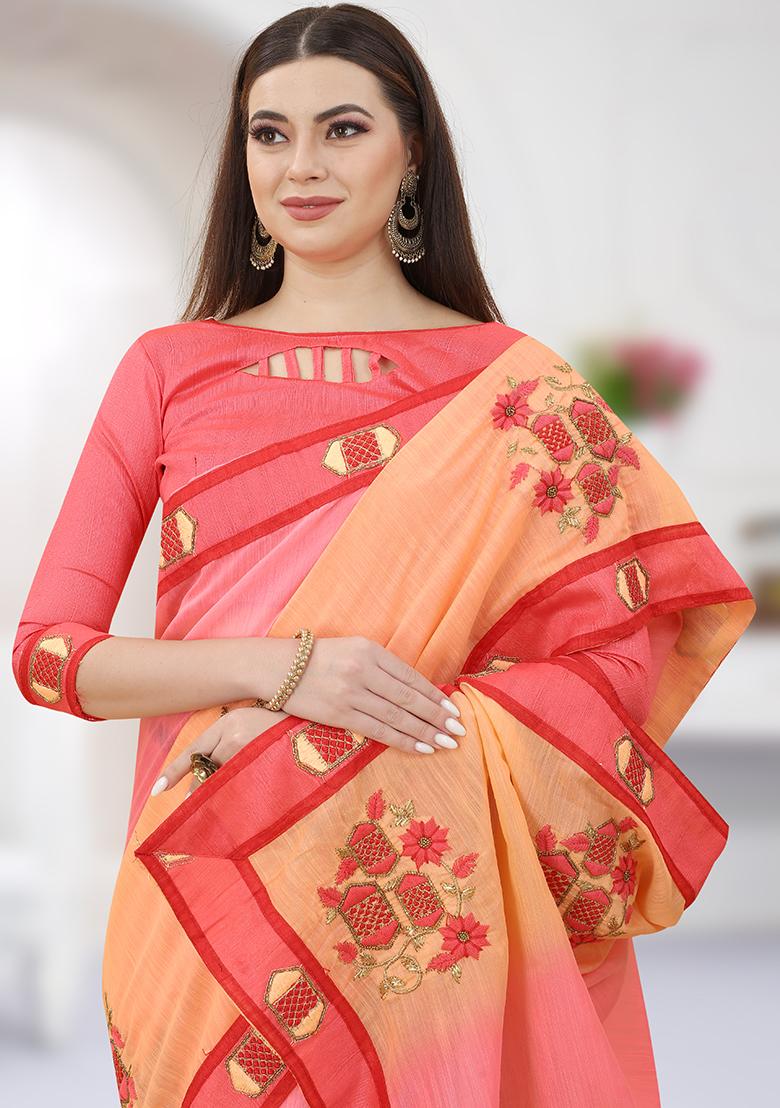 Gajari Orange Embroidery Silk Saree Set - Indya