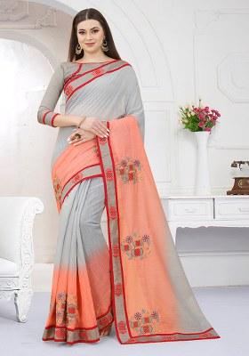 Gary Orange Embroidery Silk Saree Set