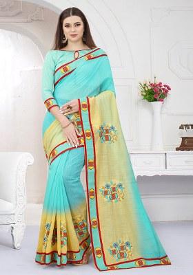 Sky Yellow Embroidery Silk Saree Set