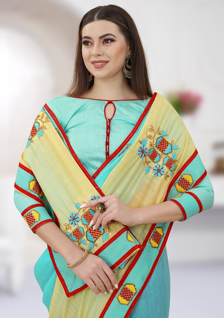 Sky Yellow Embroidery Silk Saree Set - Indya