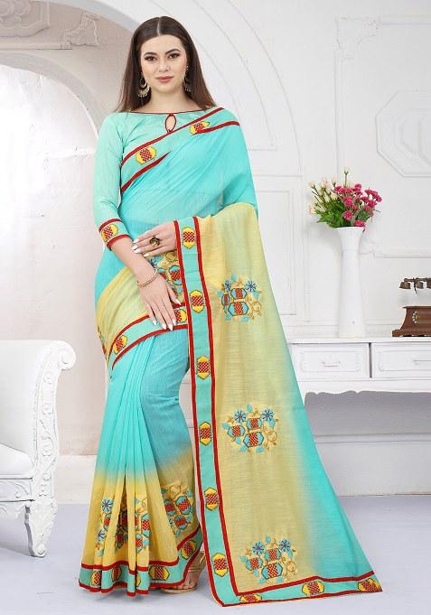 Sky Yellow Embroidery Silk Saree Set