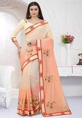 Chiku Orange Embroidery Silk Saree Set
