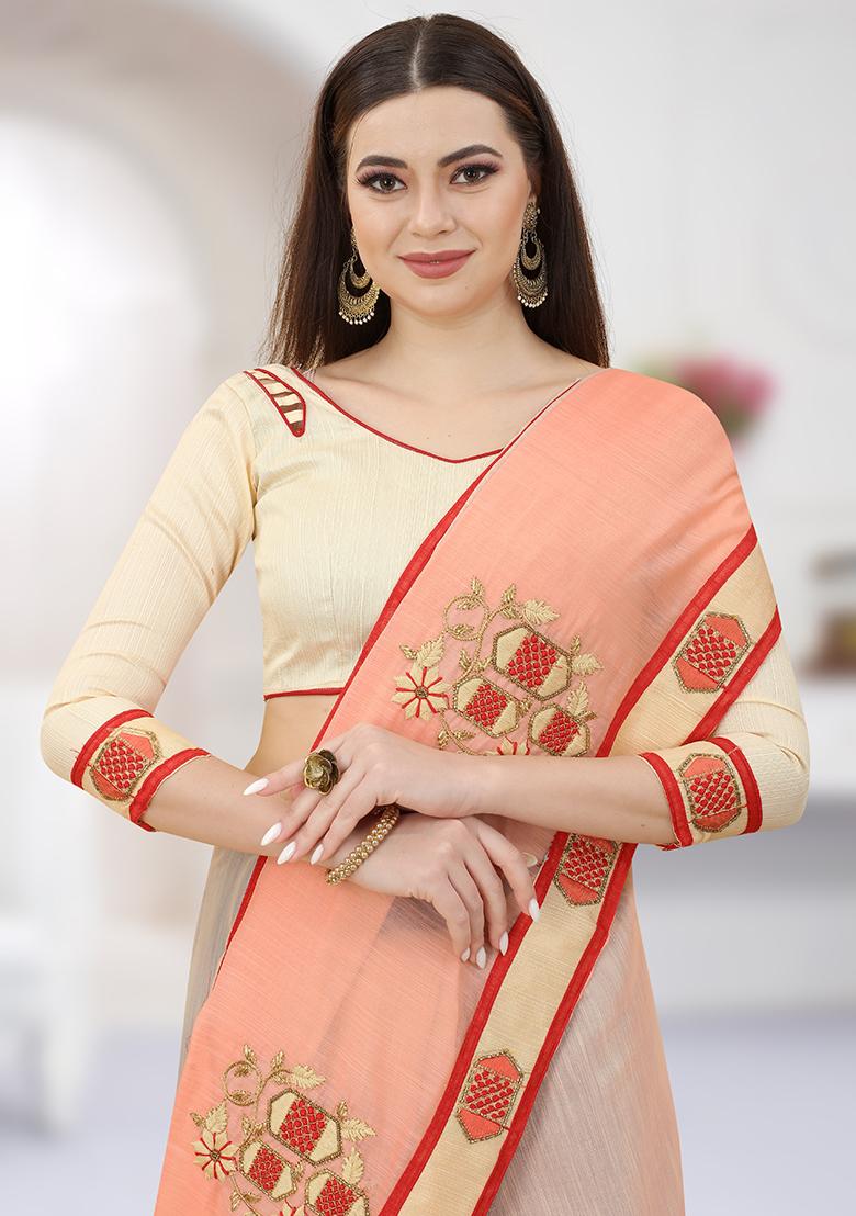 Chiku Orange Embroidery Silk Saree Set - Indya