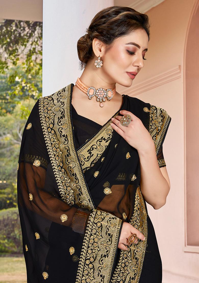 Black Embroidery Georgette Saree Set - Indya