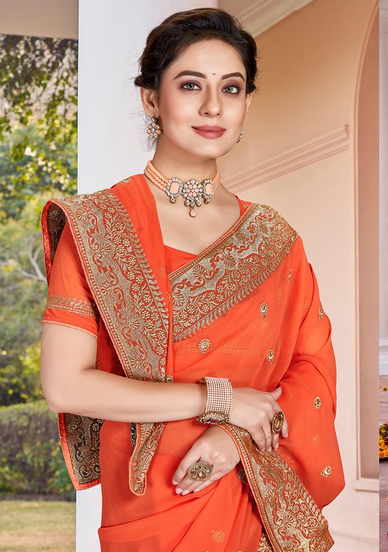 Dusty Peach Embroidery Georgette Saree Set - Indya