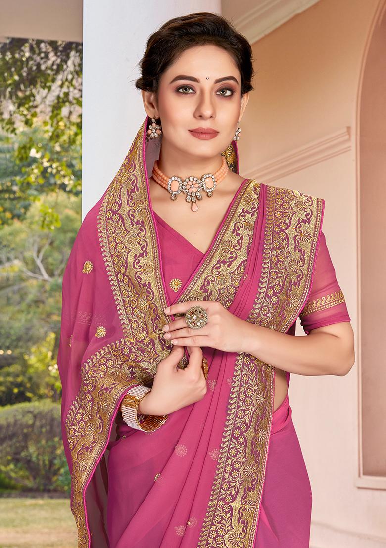 Dusty Gajari Embroidery Georgette Saree Set - Indya