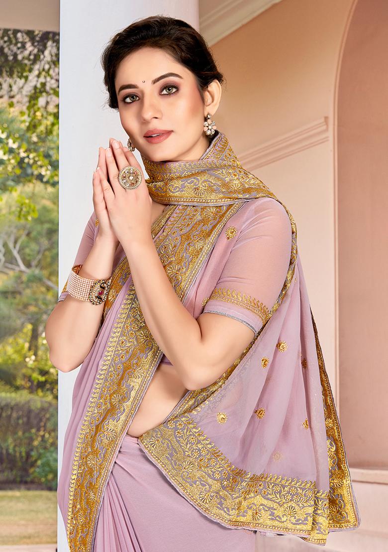 Lavender Embroidery Georgette Saree Set - Indya