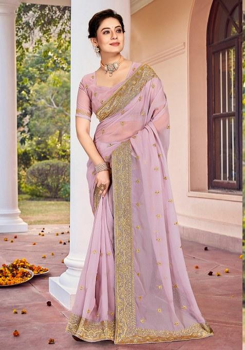 Lavender Embroidery Georgette Saree Set