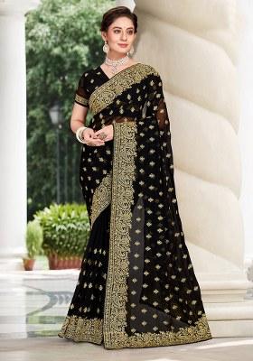 Black Embroidery Georgette Saree Set