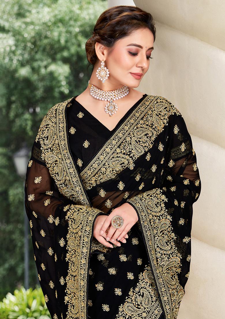 Black Embroidery Georgette Saree Set - Indya