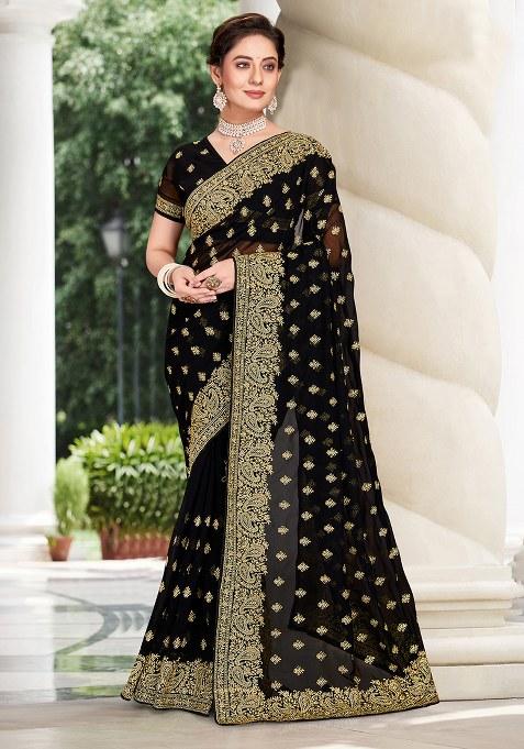 Black Embroidery Georgette Saree Set