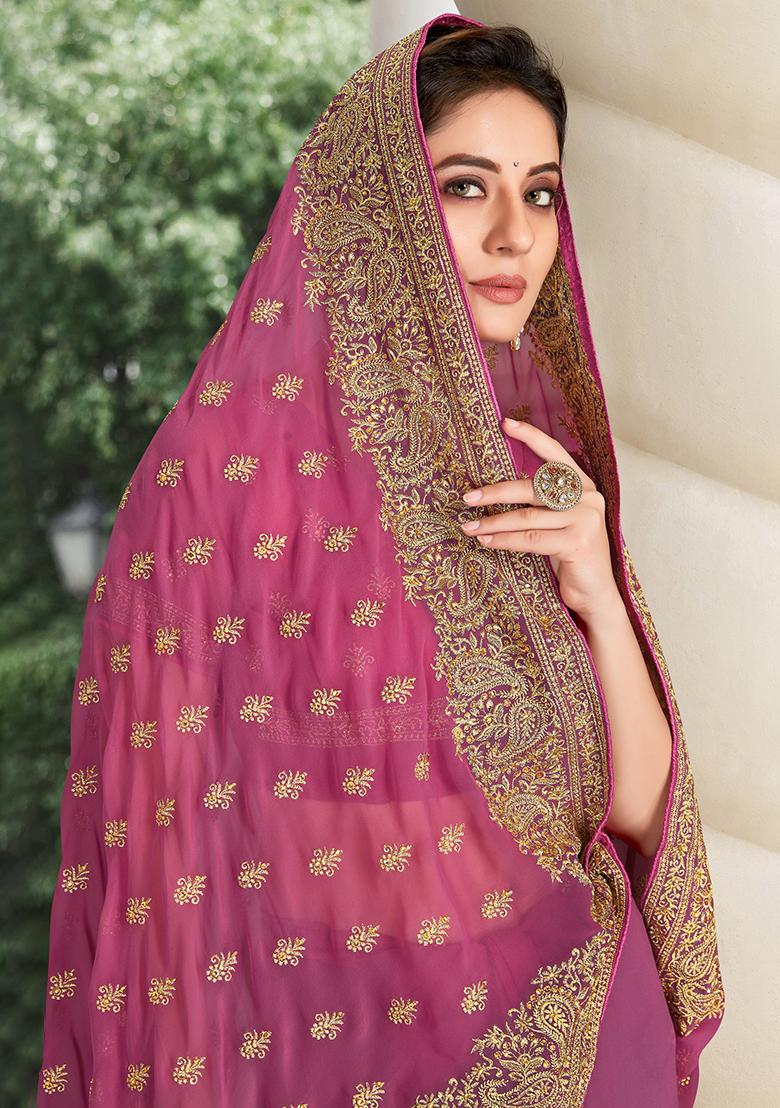 Dusty Gajari Embroidery Georgette Saree Set - Indya