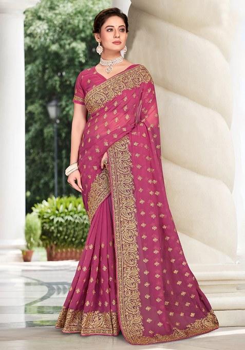 Dusty Gajari Embroidery Georgette Saree Set